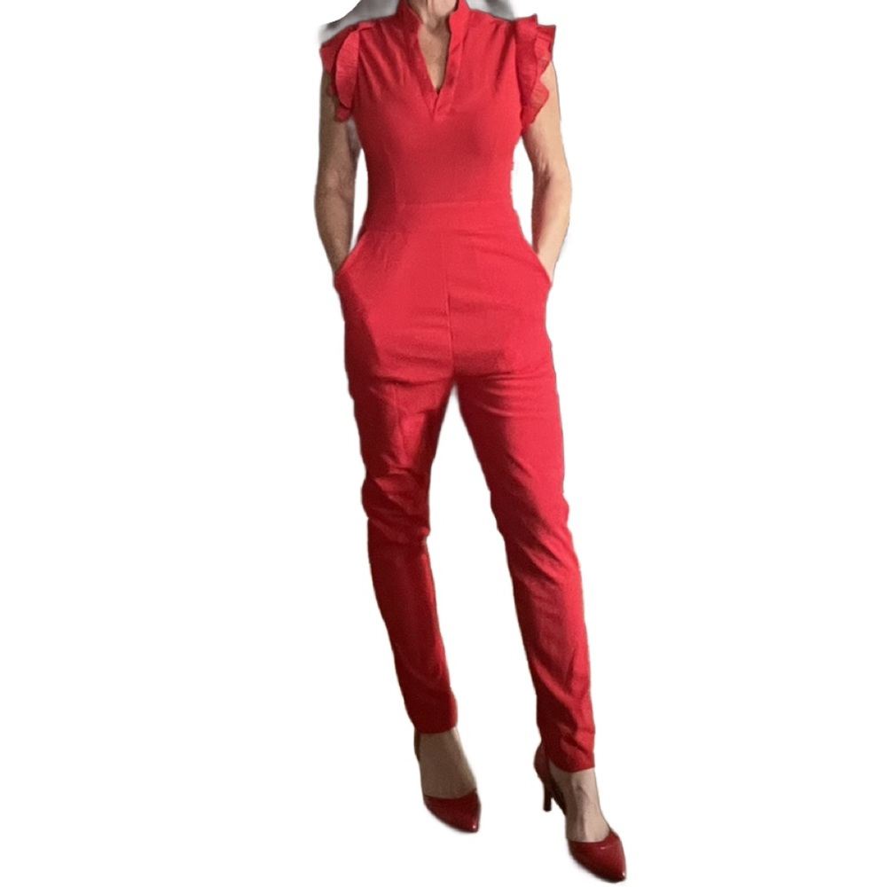 Red Flutter-Sleeve V-Neck Jumpsuit
